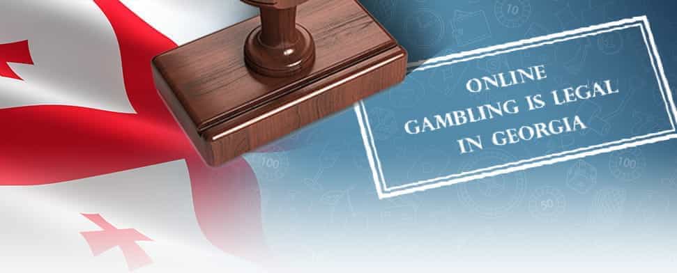 The Georgian flag and a stamp saying online gambling is legal in Georgia.