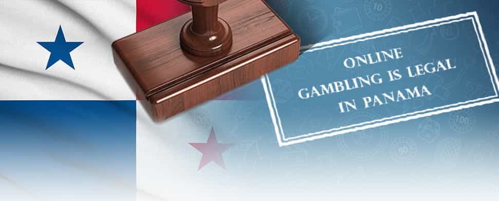 The Panama flag and a stamp saying online gambling is legal in Panama.