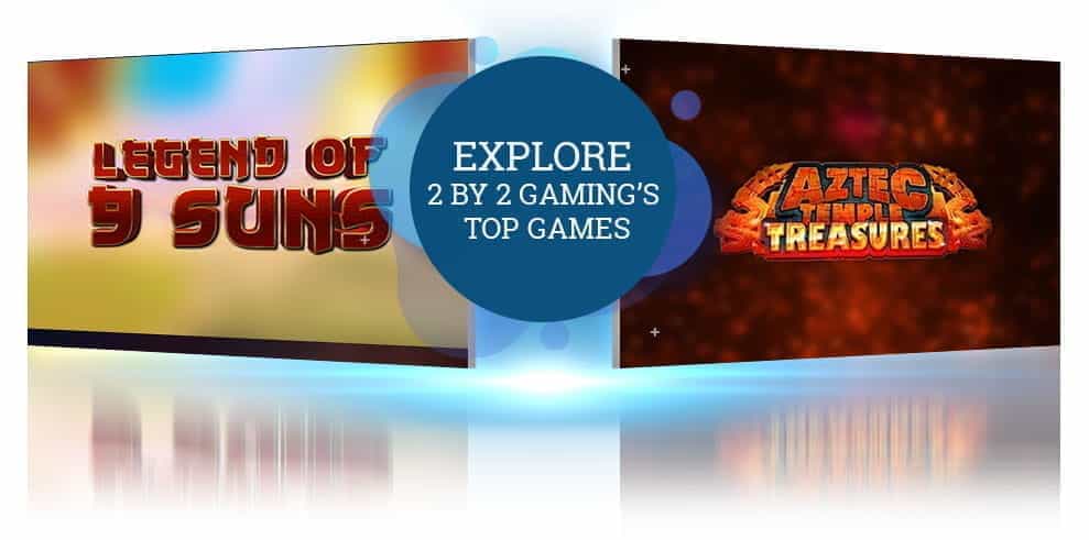 The Legend of 9 Suns and Aztec Temple Treasures slot logos from 2 by 2 Gaming.