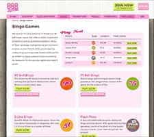 The bingo rooms page of 888Ladies with several options shown.