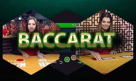 Two live croupiers dealing baccarat with the word 'baccarat' superimposed.