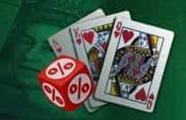 A Casino Poker payouts image showing playing cards and a dice with a percentage symbol on it.