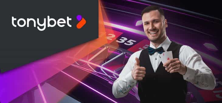 The TonyBet logo with a live casino dealer holding playing cards.