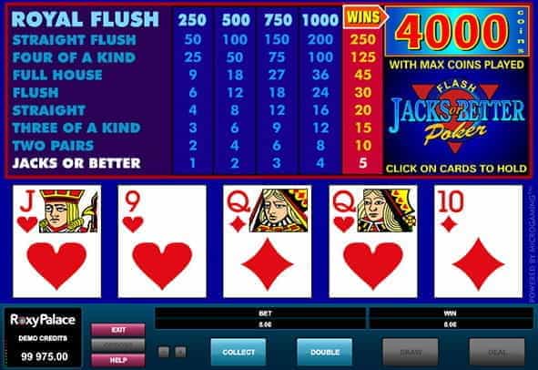 A winning hand in Jacks or Better video poker game by Microgaming.