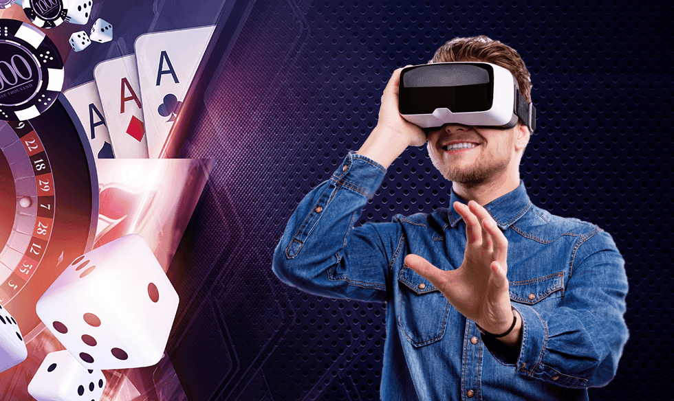 A man wearing a virtual reality headset, next to casino chips, dice, a roulette wheel and playing cards.