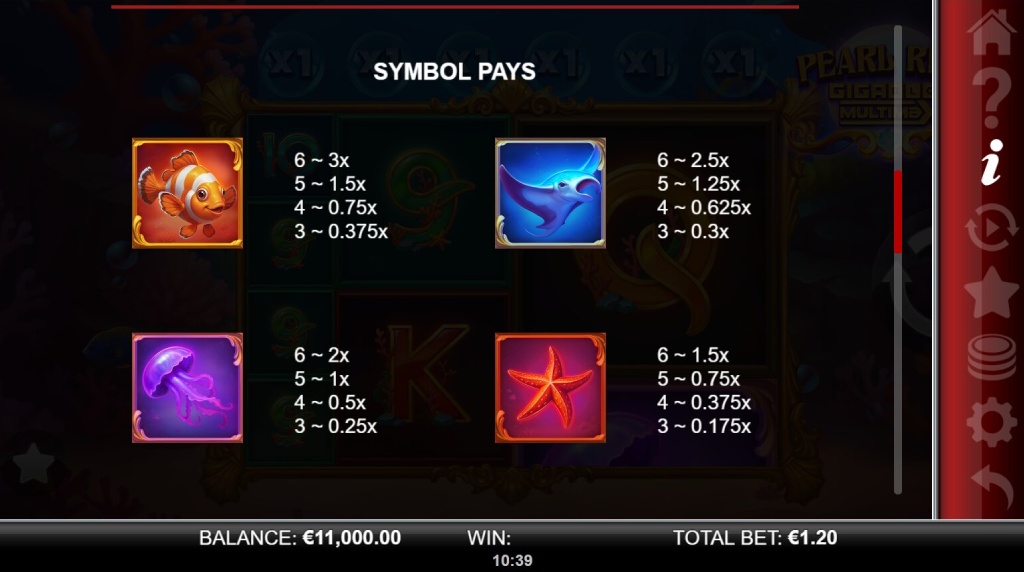 Screenshot from the Paytable of Pearl Reef Gigablox Multimax