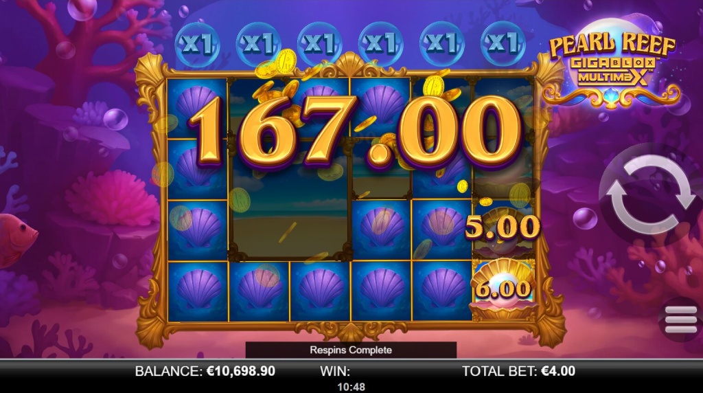 Screenshot from the respins bonus of Pearl Reef Gigablox Multimax