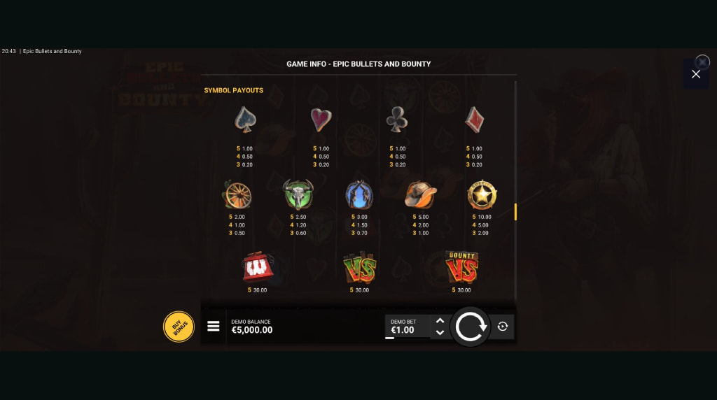 Screenshot from the Paytable of Epic Bullets and Bounty
