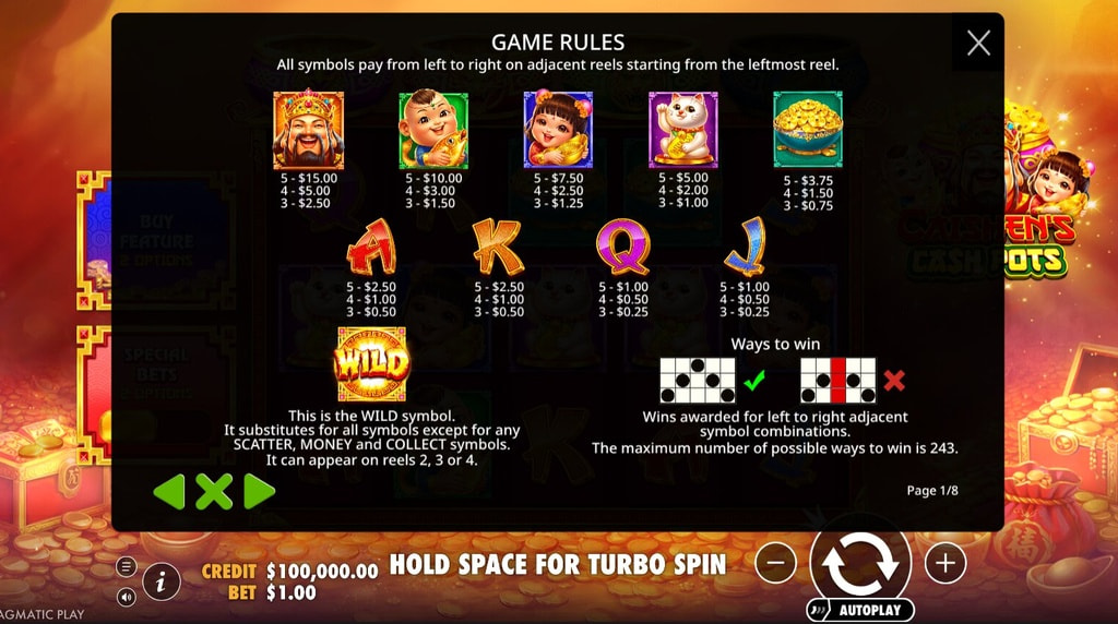 Screenshot from the Paytable of Caishen's Cash Pots