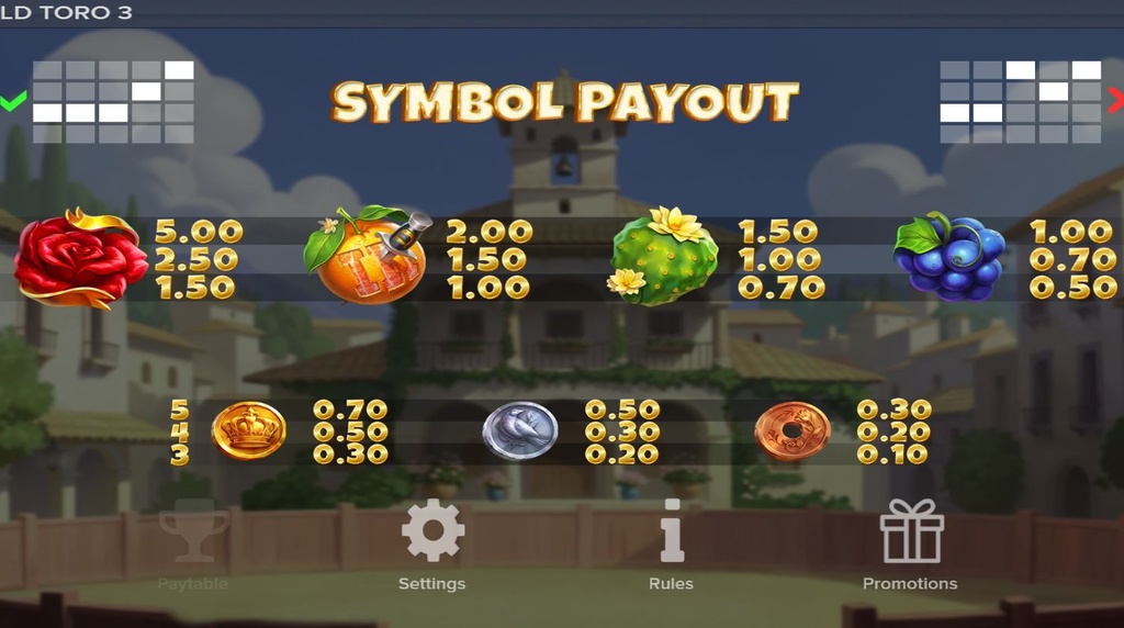 Screenshot from the Paytable of Wild Toro 3