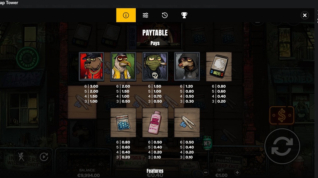 Screenshot from the Paytable of Trap Tower