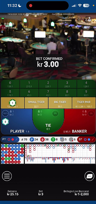 Skärmdump från Bellagio Live Baccarat testat för Sverige
