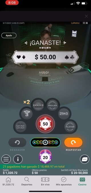 Captura de All Bets Blackjack de bet365, probado para Argentina.