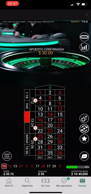 Captura de la Ruleta en Vivo de bet365, probada para Argentina.