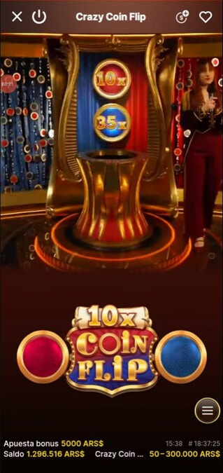 Captura de Crazy Coin Flip de Evolution, game show en vivo, probado para Argentina.