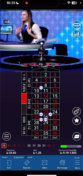 Skärmdump från Roulette Live testat för Sverige