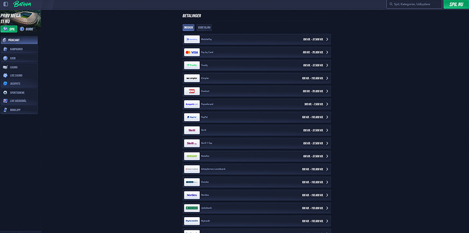 Betinia betalingsmetoder med Visa og andre løsninger