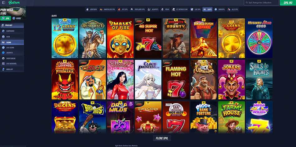 Betinia spillemaskiner lobby med stort udvalg af slots