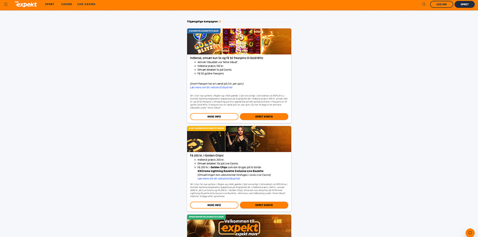Expekt kampagneside med bonusser og tilbud