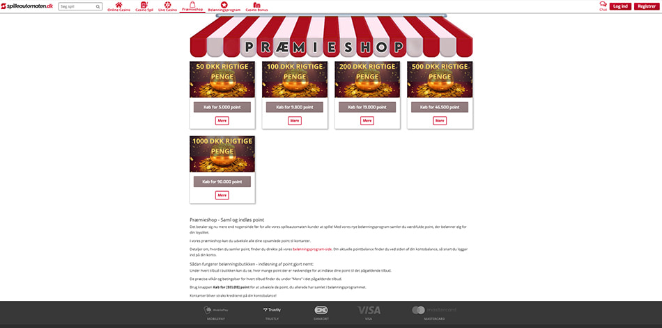 Spilleautomaten.dk præmieshop med bonus og belønninger
