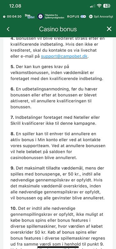 Restriktioner på betalingsmetoder i bonusvilkår på CampoBet