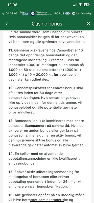 Gyldighed i bonusbetingelser på CampoBet