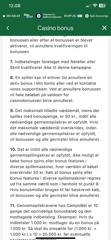 Indsatskrav i bonusvilkår på CampoBet