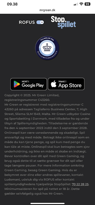 Information om licens hos Mr Green i bunden af siden.