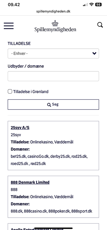 Hjemmesiden hos Spillemyndigheden