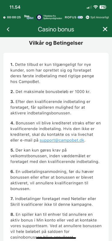 Vilkårene for bonus ved CampoBet