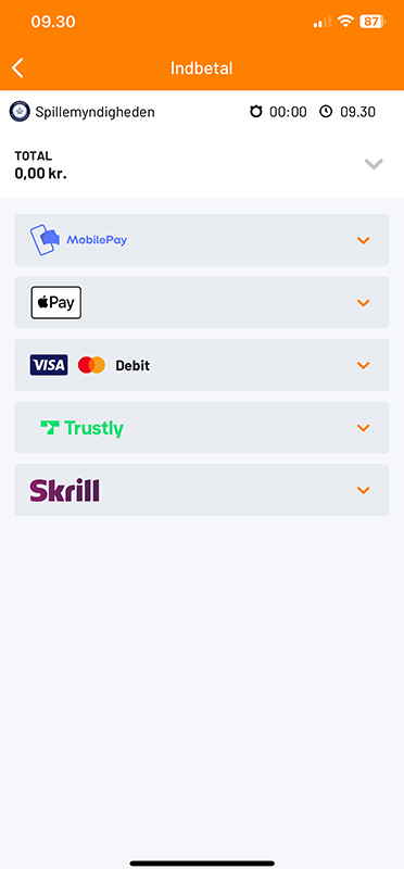 Dropdown menu med de forskellige betalingsmetoder på Expekt.