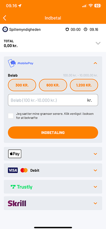 Betalingssiden på Expekt Casino