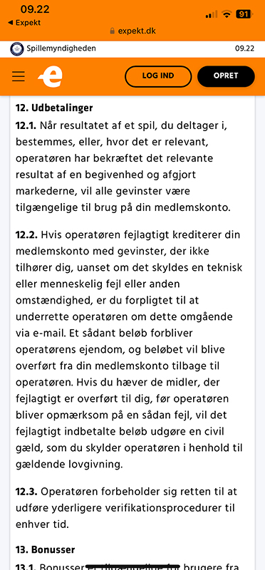 Vilkårene for indbetaling på Expekt