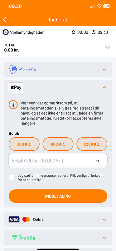 Indtast beløb til indbetaling på Expekt.