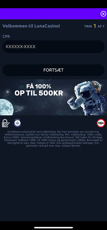 Formularen for kontooplysninger på Luna Casino