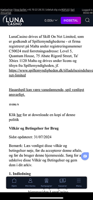 Vilkår og betingelser hos Luna Casino