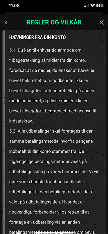 Vilkår for udbetaling hos Betinia