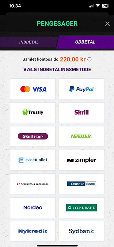 Udbetalingssiden på Betinia