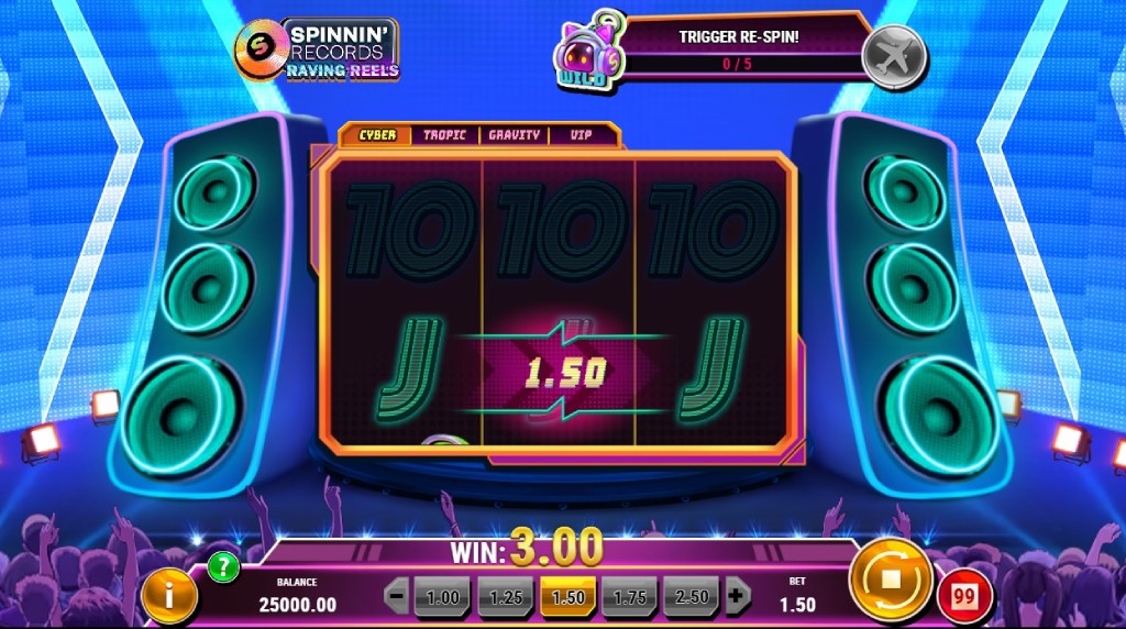 Skærmbillede fra den nye Spinnin’ records Raving Reels spilleautomat fra Play’n GO.