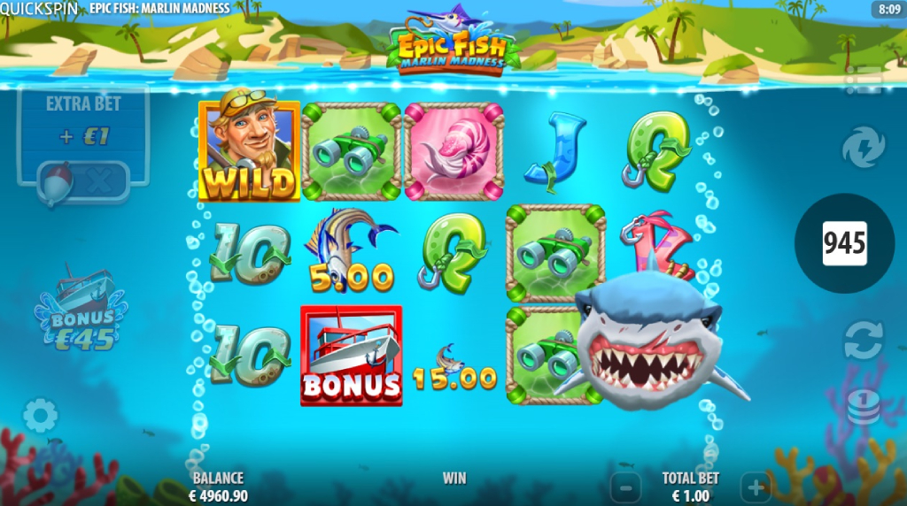 Skærmbillede af Shark Attack-funktionen i Epic Fish Marlin Madness fra Quickspin