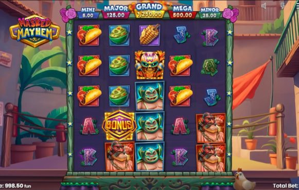 Skærmbillede fra den nye Masked Mayhem spilleautomat fra Push Gaming