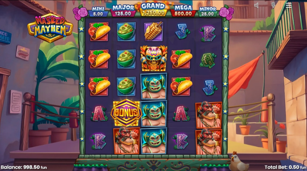 Skærmbillede fra den nye Masked Mayhem spilleautomat fra Push Gaming