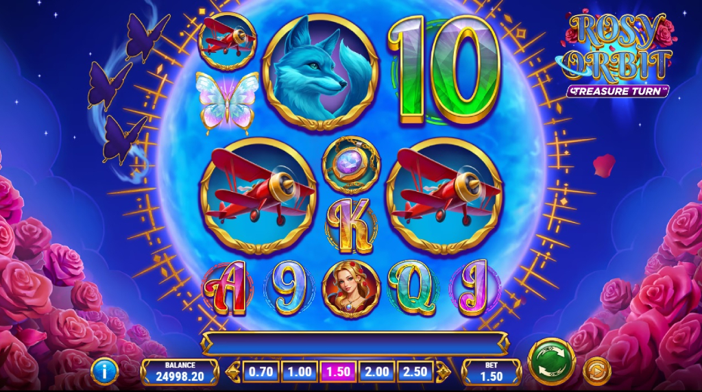 Skærmbillede fra den nye Rosy Orbit Treasure Turn spilleautomat fra Play’n GO