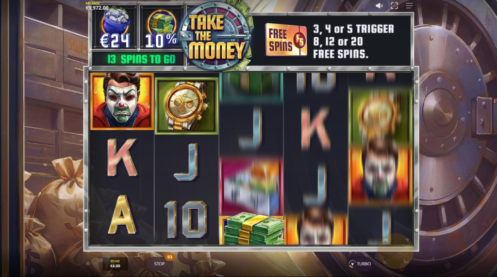 Skærmbillede fra den nye Take the Money spilleautomat fra Red Tiger