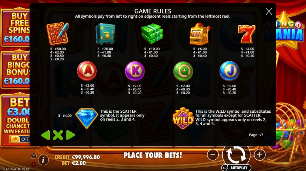 Skærmbillede fra udbetalingstabel i Bingo Mania