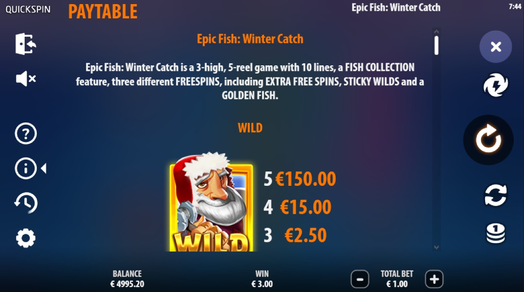 Screenshot af udbetalingstabellen i Epic Fish Winter Catch