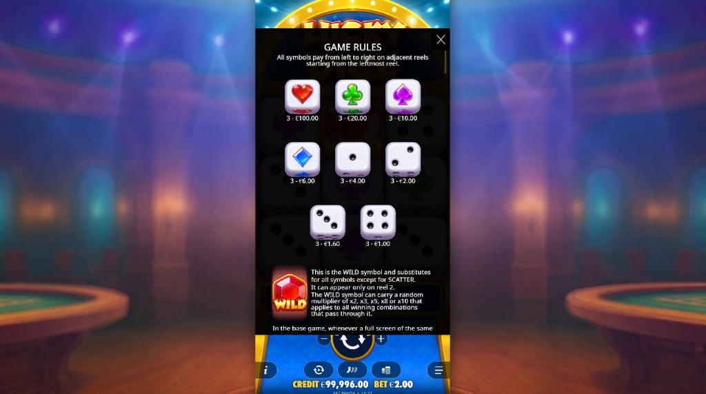 Screenshot af udbetalingstabellen i Lucky Dice