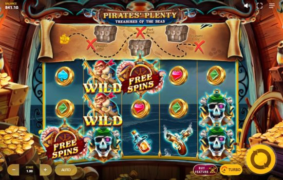 Screenshot fra den Nye Pirates’ Plenty Treasures of the Seas Slot af Red Tiger