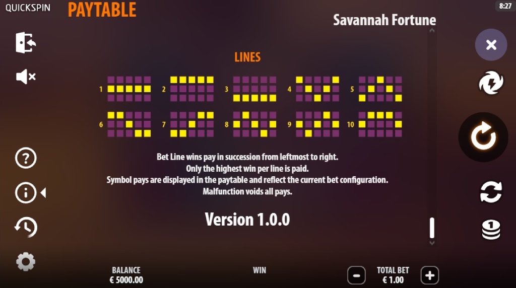 Screenshot af udbetalingstabellen i Savannah Fortune