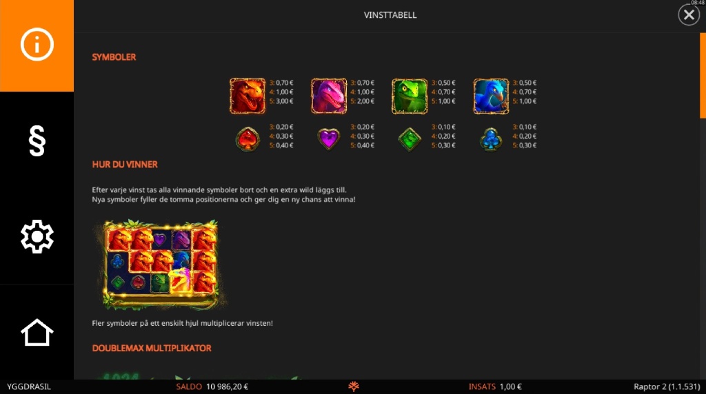 Screenshot af udbetalingstabellen i Raptor 2